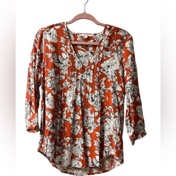 Orange Relaxed Pleated Blouse with Three-Quarter Sleeves -‎ XS / S - Picture 11 of 12